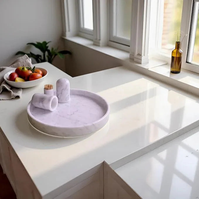 Apasqro Carrara White Marble Tray Round 10 Inch, Natural Stone Perfume & Dessert Tray, Elegant Serving & Display Plate for Home, Vanity, 2 cm Deep, Non-Slip Base - ModernBath