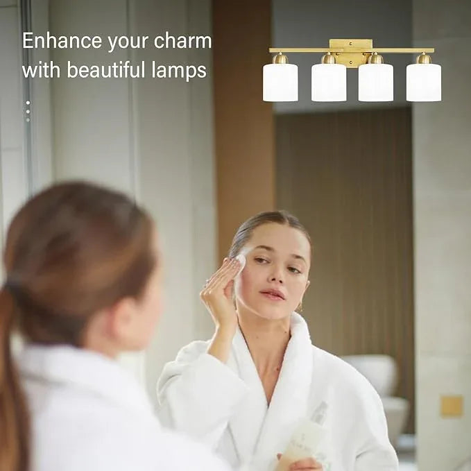 4 Light Gold Light Fixture Bathroom, Brushed Gold Vanity Light with Milky White Frosted Glass Shades, Lights for Bathroom Mirror for Living Room Bedroom Hallway E26 Base - ModernBath