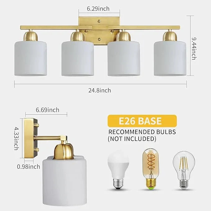 4 Light Gold Light Fixture Bathroom, Brushed Gold Vanity Light with Milky White Frosted Glass Shades, Lights for Bathroom Mirror for Living Room Bedroom Hallway E26 Base - ModernBath