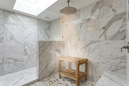 EcoDecors Eleganto 18 Inch Natural Color Waterproof Teak Wood Shower Bench Stool Seat Chair For Inside Shower Provides Safety, Storage, and Organization For Bathroom Accessories