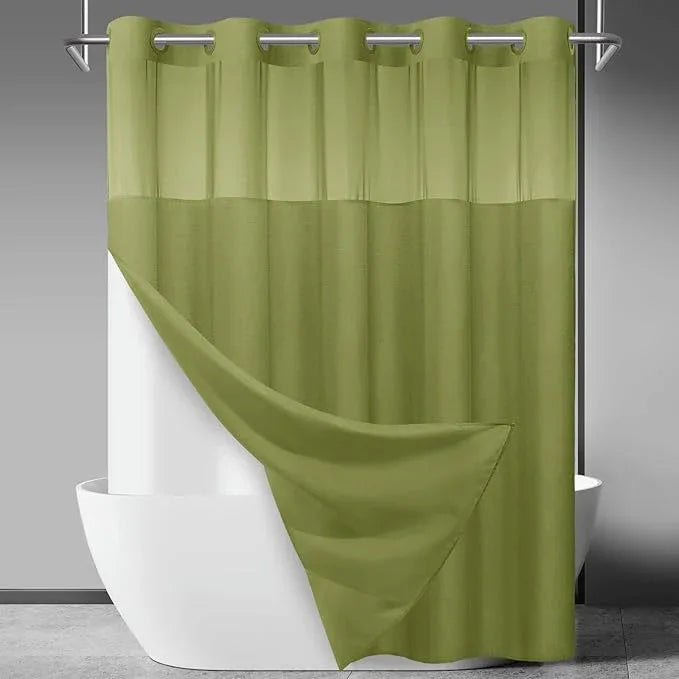 SORTTO No Hook Slub Textured Shower Curtain with Snap in Liner - Olive Fabric Outer Curtain & Waterproof Inner Liner, Hotel Style with See Through Top Window, 71x74 in - ModernBath