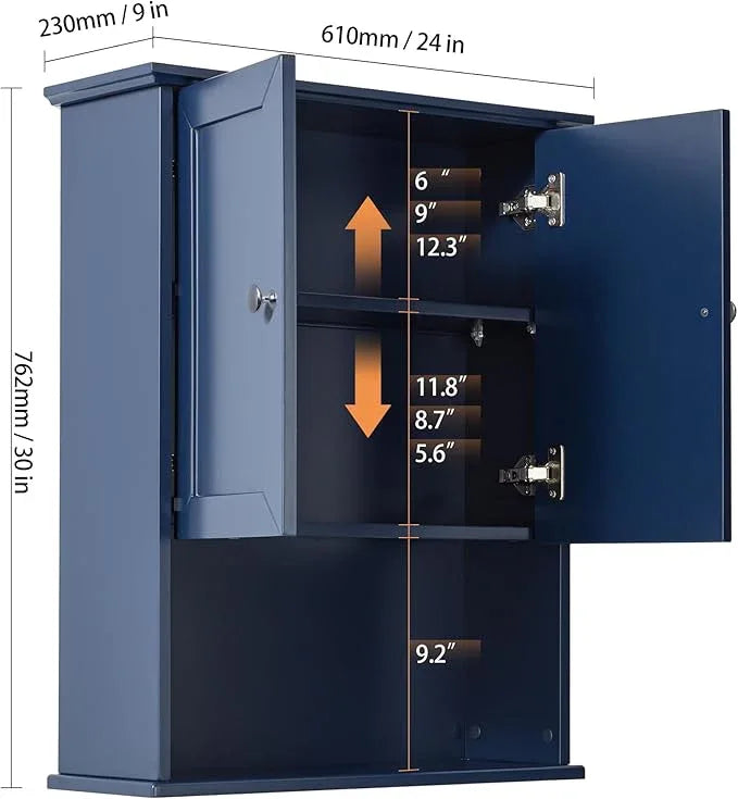 Bathroom Wall Cabinet Navy Blue Over Toilet Storage Cabinets 24x30 in Above Toilet Wood Medicine Cabinets Wall Mounted Bathroom Cabinet with 2 Door & Adjustable Shelf - ModernBath