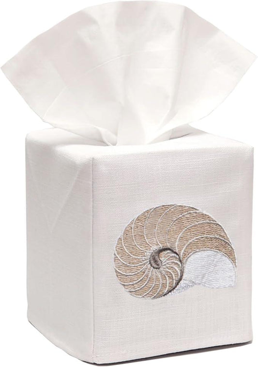 Jacaranda Living Square Tissue Box Cover, Linen/Cotton Fabric Tissue Holder, Decorative Cloth Tissue Cube Cover, Coastal Designs Striped Nautilus (Beige) - ModernBath