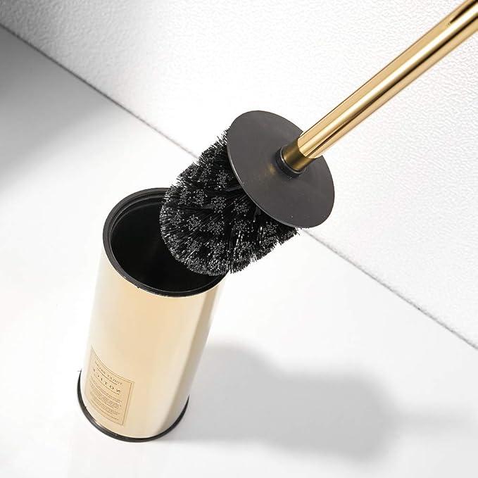 LANGPAI Freestanding Toilet Brush Holder for bathrooms 304 Stainless Steel Toilet Brush Stand Round Storage and Organization Rust Resistant 18-inch high Polished Gold Finished - ModernBath