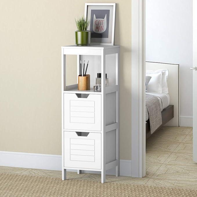 Tangkula Bathroom Floor Cabinet, Narrow Wooden Storage Cabinet w/2 Switchable Drawers, Freestanding Small Cabinet for Small Spaces, 12 x 12 35 Inch (White) - ModernBath