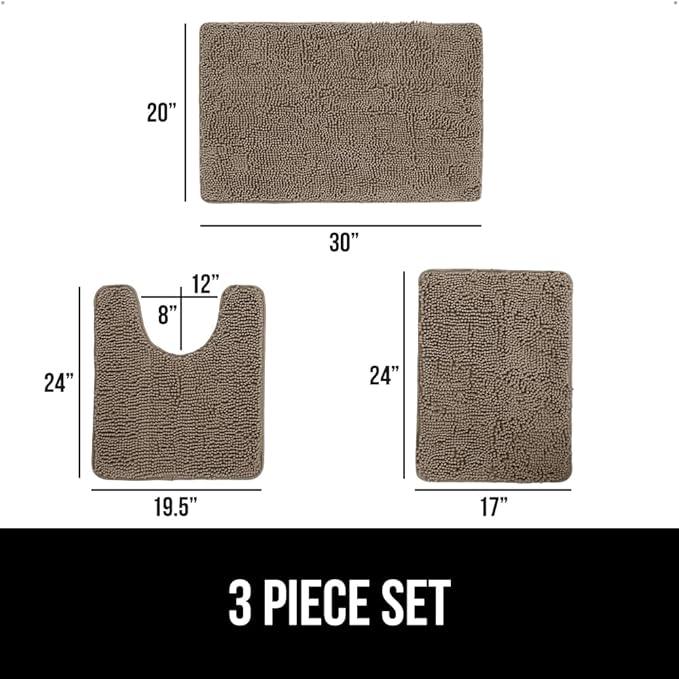 GORILLA GRIP Bathroom Rug Sets 3 Piece, Bath Mat Set and Oval Toilet Base with Rubber Backing, Plush Absorbent Shaggy Chenille Washable Mats, Includes 24x19.5, 24x17 and 30x20 Inch Rugs, Gray Beige - ModernBath