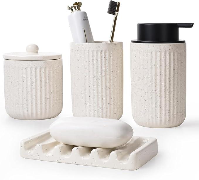 BosilunLife Beige Bathroom Accessories Set - Ceramic Bathroom Counter Soap Set Bathroom Decor Sets Accessories Bathroom Lotion Soap Dispenser and Toothbrush Holder Set, Soap Dish, Apothecary Jars - ModernBath