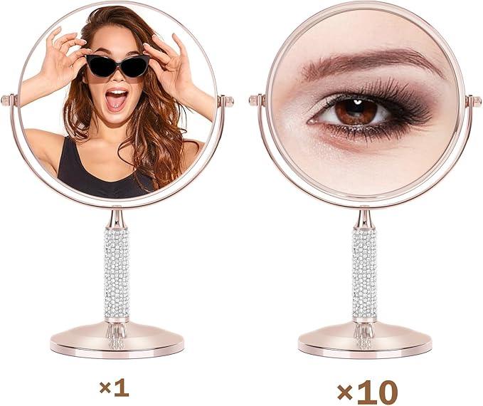 7"Rose Gold Glitter Diamond Rhinestone Makeup Mirror,360°Rotate Round Tabletop Vanity Mirror Double Sided 1X/10X HD Undistorted Magnifying Mirror,Portable Vanity Women Gift (No Lamp Rose Gold) - ModernBath