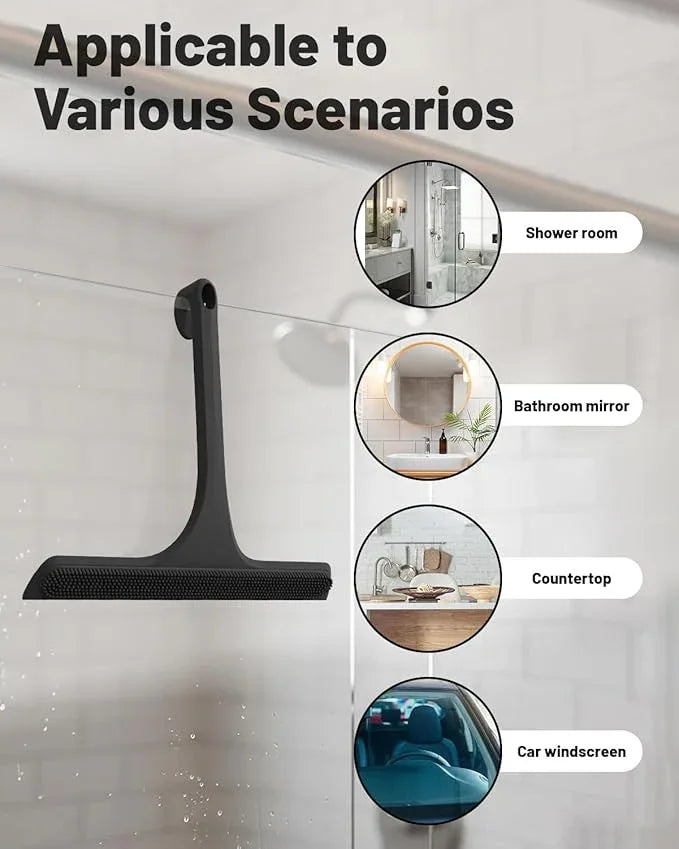 2-in-1 Silicone Shower Squeegee with Hook,Dual-Sided Design with Scraper & Scrub Surface,Rust-Proof Stainless Core,Streak-Free Bathroom Squeegee for Glass Doors,Mirrors,Windows,Car Windshields (Black) - ModernBath