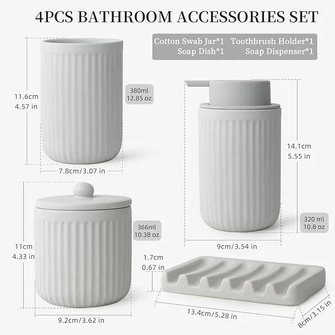 BosilunLife Light Grey Bathroom Accessories Set - Ceramic Bathroom Counter Soap Set Bathroom Decor Sets Accessories Bathroom Foam Soap Dispenser and Toothbrush Holder Set, Soap Dish, Apothecary Jars - ModernBath