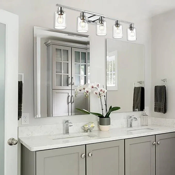 VINLUZ 5 Light Bathroom Lighting Fixture in Chrome Finish,Contemporary Indoor Wall Lights with Clear Cylinder Glass Shade Classic Vanity Light for Stair Entryway Hallway - ModernBath