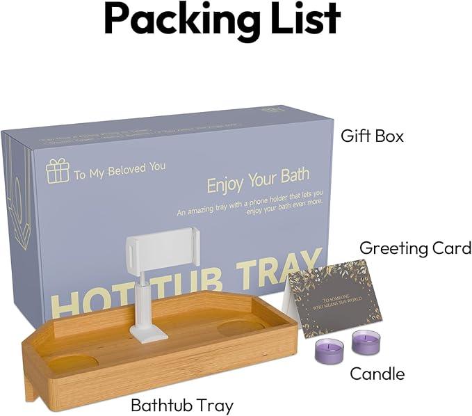 POOLCOMFT Bamboo Hot Tub Tray with Adjustable Phone Holder, Non-Slip Bath Table Tray with Card & Scented Candle - Spa Gift Set for Hot Tub Owners, Women, Parents - Unique Valentines Birthday Gift Idea - ModernBath