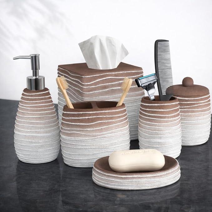 Decozen Bathroom Accessories Set 6Pcs – Soap Dispenser, Toothbrush Holder, Tumbler, Soap Dish & Cotton Swab Jar – Modern Bathroom Decor, Bath Set for Christmas Decor, Antonetta - ModernBath