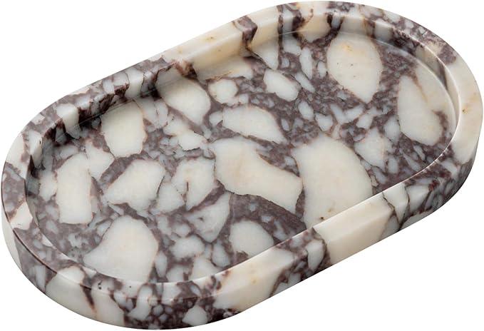 Natural Calacatta Viola Marble Tray 10"x6" - Non-Resin Bathroom Vanity Organizer & Kitchen Decor | Waterproof Oval Stone Serving Dish (Purple Portoro) - ModernBath