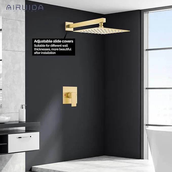 Airuida Shower Faucet Set Bathroom Rain Shower System SUS304 Stainless Steel Single Handle With Male Threads Rough-in Valve Shower Trim Kit 12 Inch Wall Mount Shower Head Brushed Gold - ModernBath