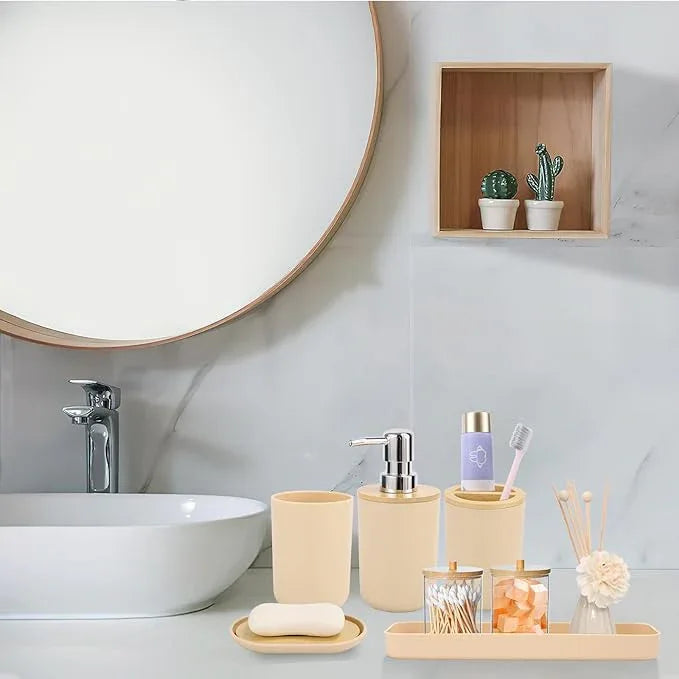 SLDIYWOW Bathroom Accessories, Beige Bathroom Accessories Sets Complete with Trash Can,Tray,Soap Dispenser,Toothbrush Holder,Toothbrush Cup,Soap Dish,Toilet Brush and Q-tip Holders for Bathroom - ModernBath