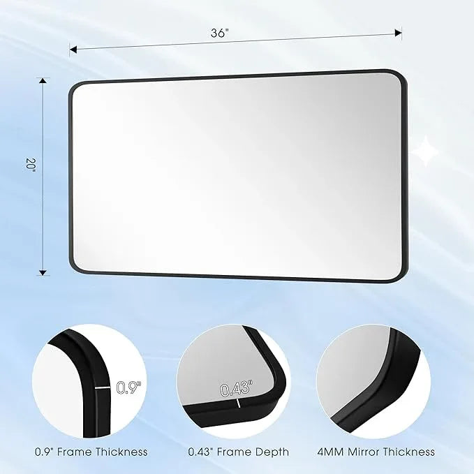 Bonverre 20x36 Inch Rectangle Bathroom Mirror with Black Metal Frame, Rounded Corner Rectangular Vanity Mirror for Wall, Modern Large for Bedroom, Living Room, Horizontal or Vertical - ModernBath