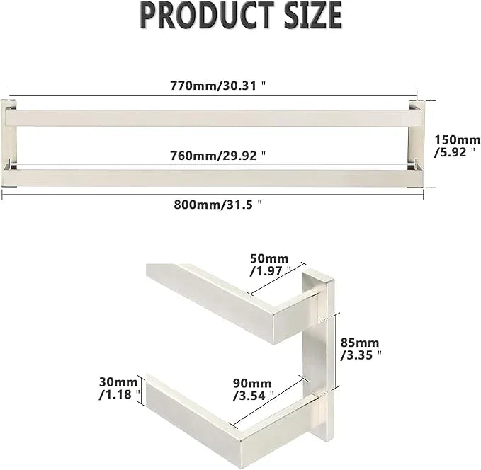 Alise 32 Inch Double Towel Bars for Bathroom Wall Mount,Brushed Nickel Towel Holder Double Towel Racks for Bathroom Lavatory,SUS304 Stainless Steel Square Towel Rail Towel Hanger for Walls - ModernBath