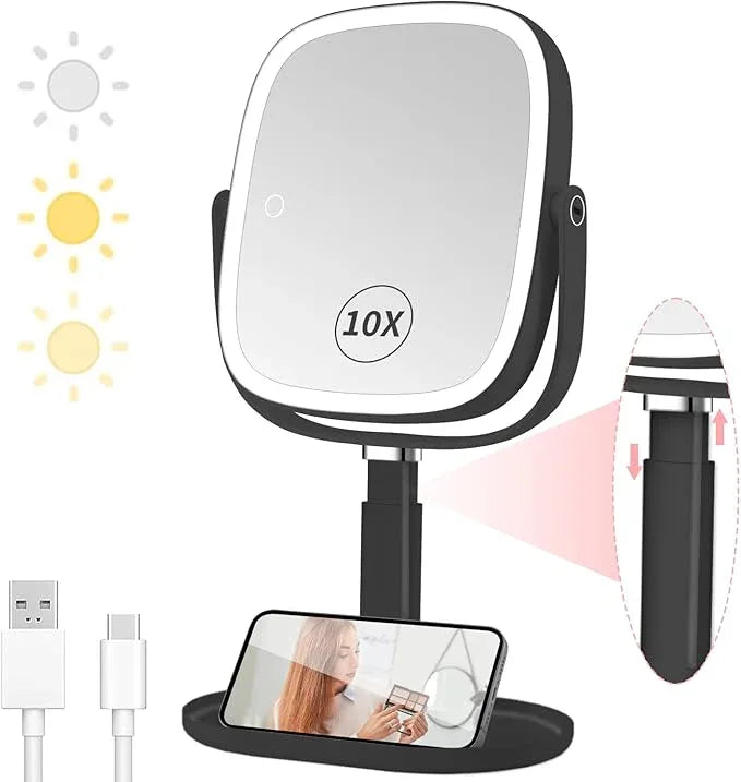 Lighted Makeup Mirror, 2600mAh Rechargeable 1x/10x Magnifying Vanity Mirror, 8.5" Height Adjustable Makeup Mirror with Lights 3 Color, 360° Rotation 2-Sided Light up Large Desk Mirror - Black - ModernBath