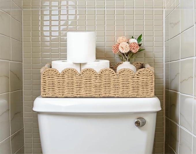 CubesLand Decorative Toilet Paper Storage Basket, Modern Farmhouse Home Decor Basket for Organizing, Scalloped Pantry Baskets for Shelves, Countertop, Living Room, w/Wood Handles, Beige 2 Sizes - ModernBath