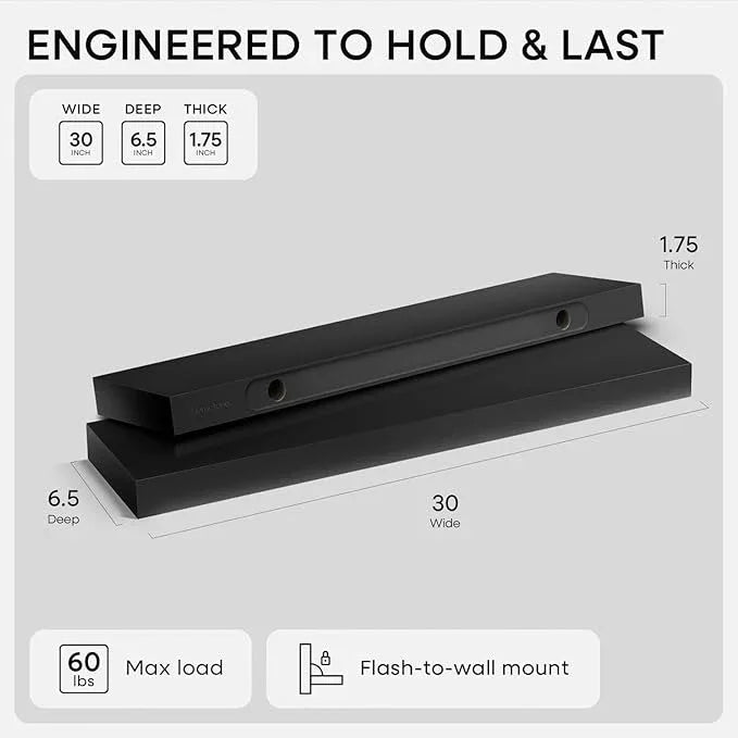 Homeforia Black Floating Shelves 30 inches Long, High End Solid Real Wood 30 inch Floating Shelf for Wall Mounted, Black Wooden 30in Floating Shelves, Heavy Duty Bracket, 30 X 6.5 X 1.75 in, Set of 3 - ModernBath