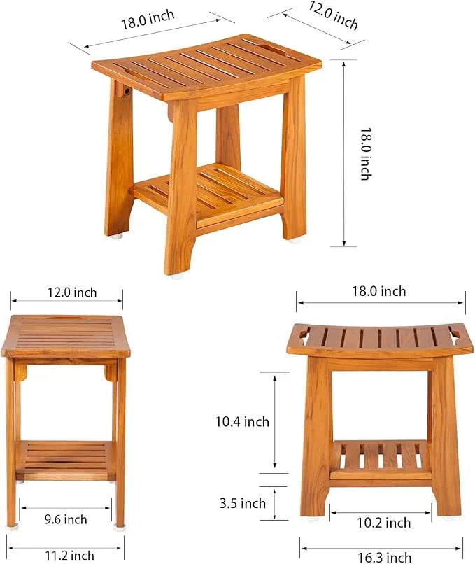 18" Standard Teak Shower Bench with Shelf & Handle - Waterproof, Non-Slip Bath Stool, 300 lbs Capacity - Fits Standard Tubs/Showers & Outdoor Use (Patented) - ModernBath