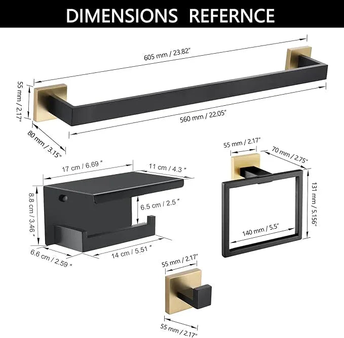 5 Pieces Bathroom Hardware Set Black and Gold Towel Bar Set, Toilet Paper Holder with Shelf, Towel Holder Set in Bathroom, Wall Mounted Stainless Steel, 23.6 Inches - ModernBath