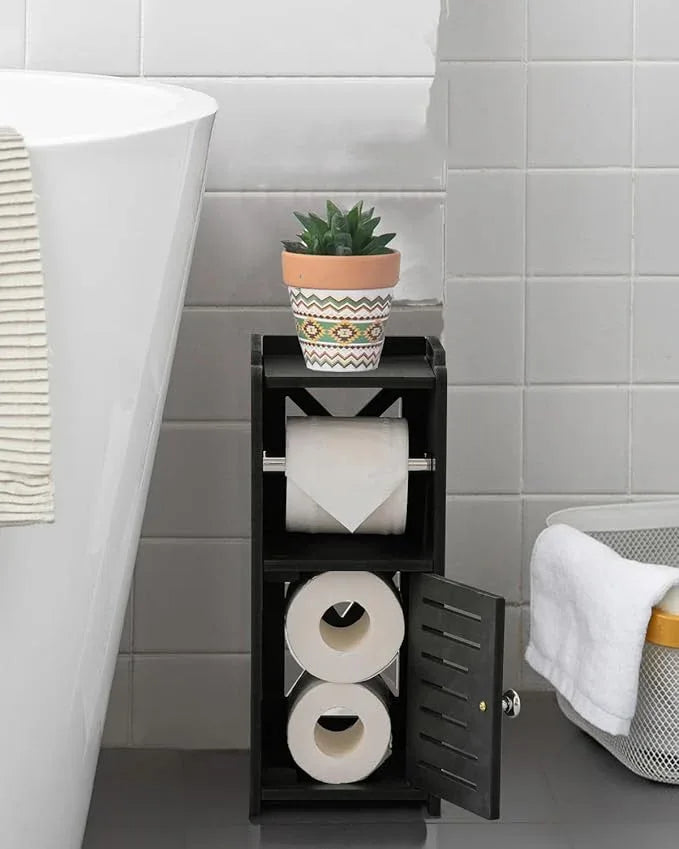AOJEZOR Toilet Paper Holder Stand: PVC Freestanding Bathroom Cabinet Storage for Apartment Dwellers - Slim Bathroom Storage - Black - ModernBath