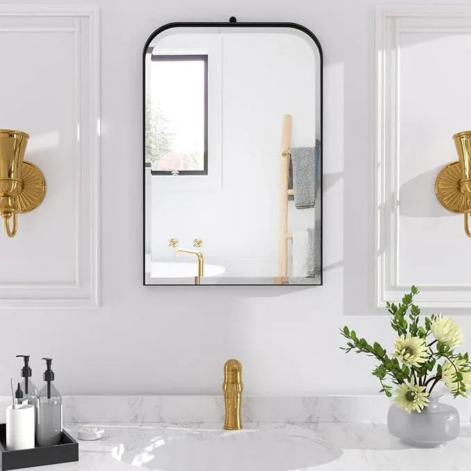 POZINO Beveled Oblong Mirror, 20"x30" Rectangle Rounded Mirror for Over Sink, Modern Black Bathroom Mirrors with Stainless Steel Frame, Vanity Wall Mirrors for Bedroom Living Room Entryway Fireplace - ModernBath