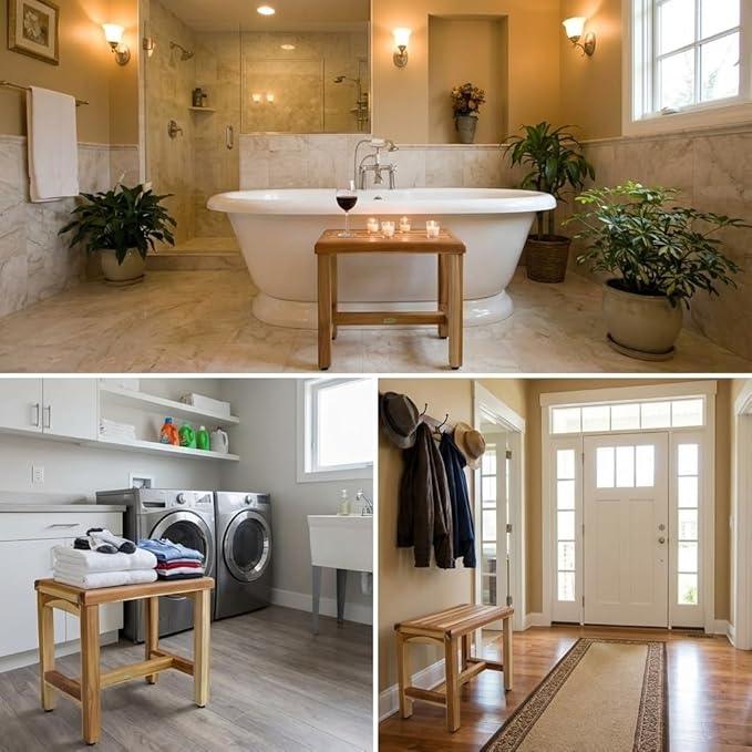EcoDecors 18 Inch Natural Teak Waterproof Teak Wood Shower Bench Stool Seat Chair For Inside Shower Provides Safety, Storage, and Organization For Bathroom Accessories - ModernBath
