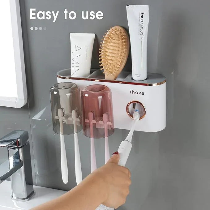 iHave Toothbrush Holders Bathroom Decor with Toothpaste Dispenser, 2 Cups Toothbrush Holder Wall Mounted Bathroom Accessories - ModernBath
