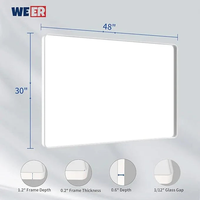WEER White Bathroom Mirror 48X30 Inch, Rounded Rectangle White Metal Frame Mirror, Matte White Bathroom Vanity Mirror with Tempered Glass, Anti-Rust, Hangs Horizontally or Vertically - ModernBath