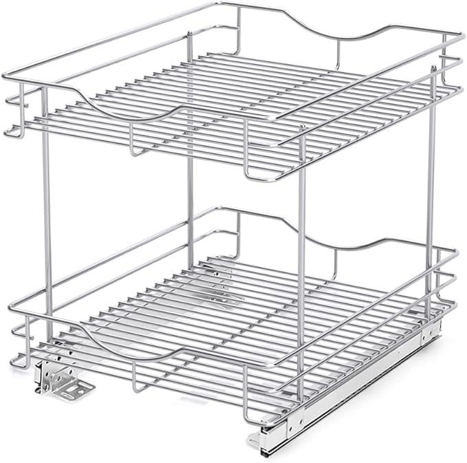 FULGENTE Chrome Finish Pull Out Drawer Cabinet Organizer 2 Tier (14" W X 18" D) Sliding Drawers For Kitchen Cabinets Cookware Organizer Drawer For Cabinet Slide Out Shelves - ModernBath