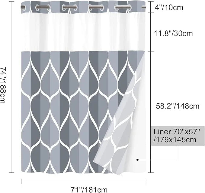 Yiatn Grey Blue No Hook Shower Curtain with Snap in Liner - Hotel Style with See Through Mesh Top Window, Modern Geometric Waterdrop Design,Waterproof and Washable,- 71x74 INCH - ModernBath