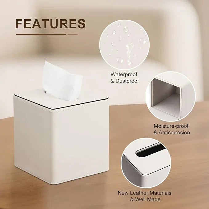 KINGFOM Leather Tissue Box Cover – Square Modern PU Leather Tissue Holder, Cube Tissue Dispenser for Home, Office, Bedroom, Bathroom – Elegant Minimalist Style (Ivory White-Square) - ModernBath