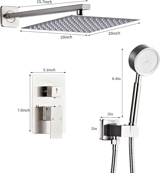 RTTWYYUU Brushed Nickel Rainfall Shower Head, Wall Mounted 8 Inch Shower Heads with Handheld Spray Combo, Luxury Bathroom Square Rain Shower System, Solid Brass Pressure Balancd Shower Faucet Valve - ModernBath