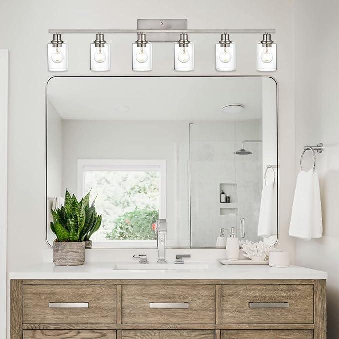 VINLUZ 6 Light Bathroom Lighting Fixture in Brushed Nickel Finish,Classic Metal Wall Mounted Lamp Over Mirror with Clear Glass Shade Industrial Vanity Light - ModernBath