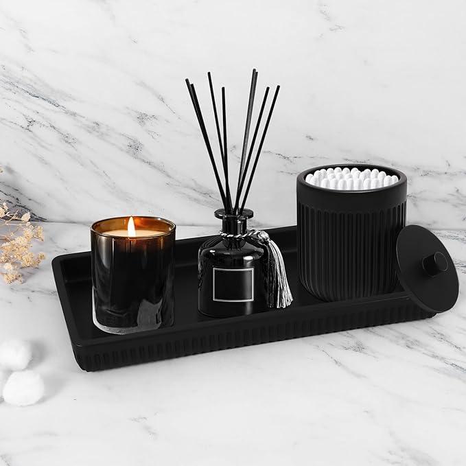 XLHOMO Resin Matte Black Bathroom Accessories Set 5 Pcs, Lotion Soap Dispenser, Toothbrush Holder, Bathroom Tumbler, Qtip Holder and Vanity Tray, Bathroom Countertop Organizer Set for Home Apartment - ModernBath