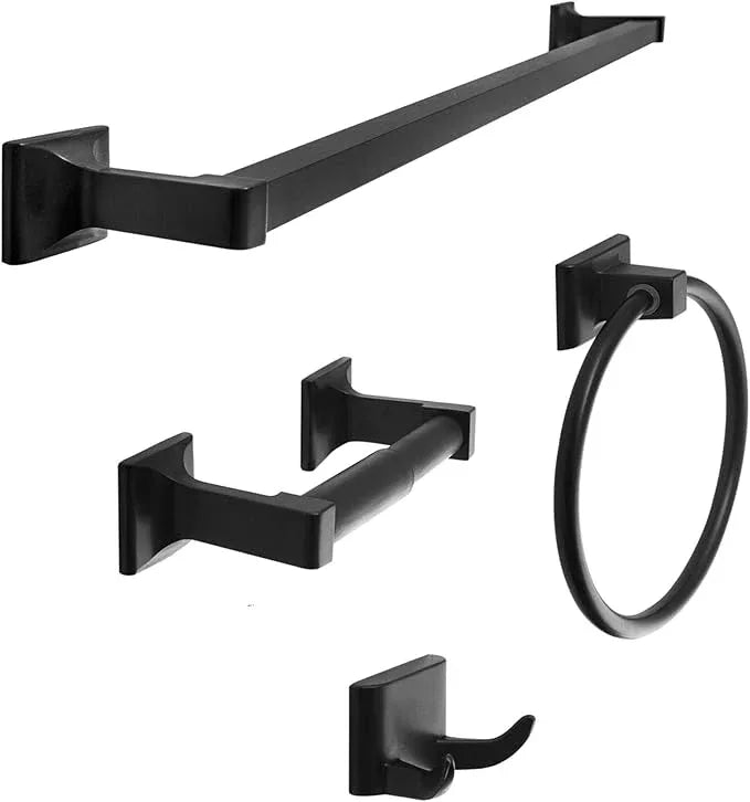 SENTO Cellar Classic Bathroom Accessories Set, Heavy Duty Metal Bath Hardware Set Wall Mounted, Includes Robe Hook, Standard Toilet Paper Holder, Towel Ring, 24” Towel Bar (4-Piece, Matte Black) - ModernBath