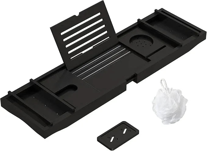 Bamboo Bathtub Tray for Luxury Bathroom, Expandable Premium Bath Tray w/Soap Towel Book Holder, Adjustable Bath Accessories for Tub,Extendable Tub Tray with Wine Glass Cup Organizer 29.5"-43.3" Black - ModernBath