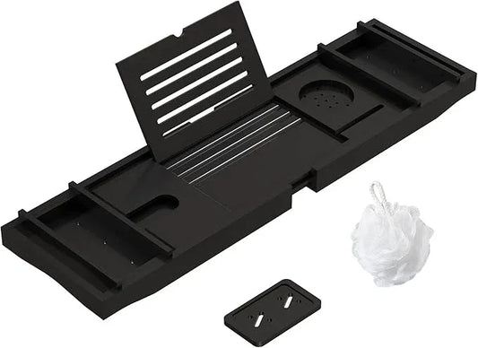 Bamboo Bathtub Tray for Luxury Bathroom, Expandable Premium Bath Tray w/Soap Towel Book Holder, Adjustable Bath Accessories for Tub,Extendable Tub Tray with Wine Glass Cup Organizer 29.5"-43.3" Black - ModernBath