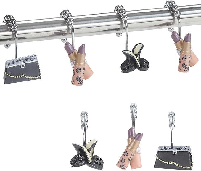 D DS CURTAIN Decorative Fashion Shower Hooks for Women, 12-Pack High-Heel Handbag Lipstick Design with Stainless Steel Rings, Rust-Proof for Bathroom Decor - ModernBath