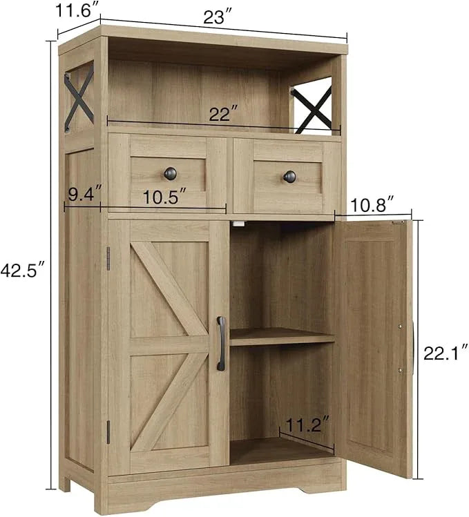 Natural Storage Cabinet with Doors and Shelves, Standing Kitchen Pantry Cabinet, Floor Storage Hutch Cupboard, Coffee Bar Station for Dining, Living Room, Home Office - ModernBath