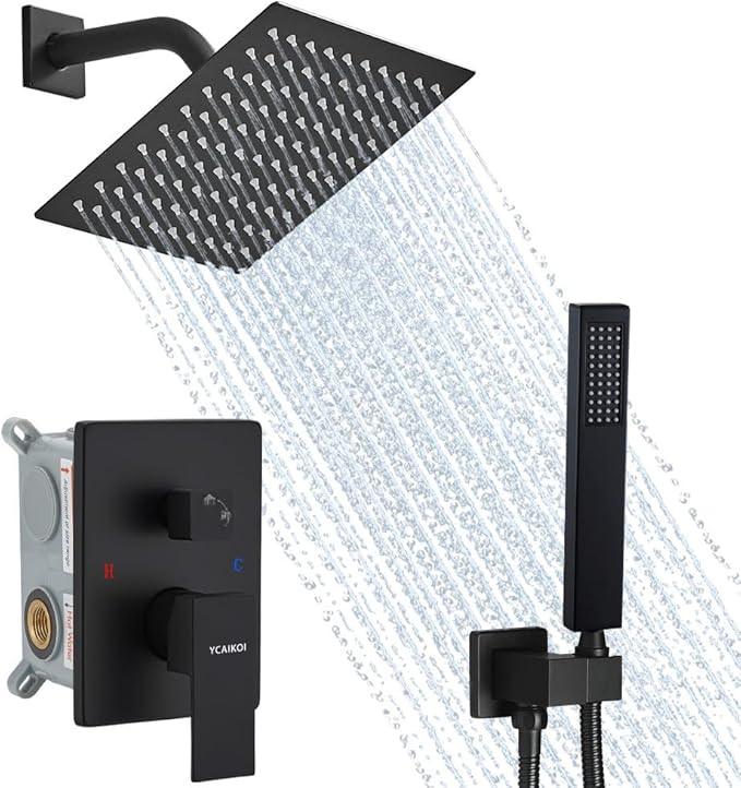 YCAIKOI Matte Black Shower System, 8 Inch High Pressure Rain Shower with Handheld, Wall Mount Shower Faucet Set for Bathroom, Rough-in Valve Body and Trim Included - ModernBath