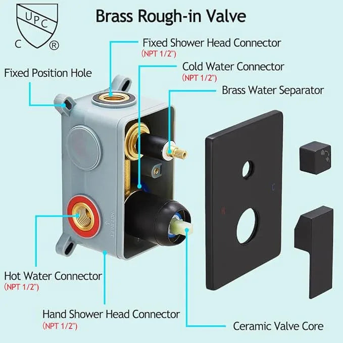 YCAIKOI Shower Faucet Set Complete, Wall Mount Shower System for Bathroom 12 Inch High-Pressure Rainfall Shower with Handheld, Rough-in Valve Body and Trim Kit, Matte Black - ModernBath