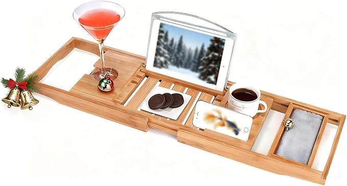 Utoplike Bamboo Bathtub Caddy Tray Bath Tray for Tub, Adjustable Bathroom Bathtub Organizer with Book Tablet Wine Glass Cup Towel Holder - ModernBath