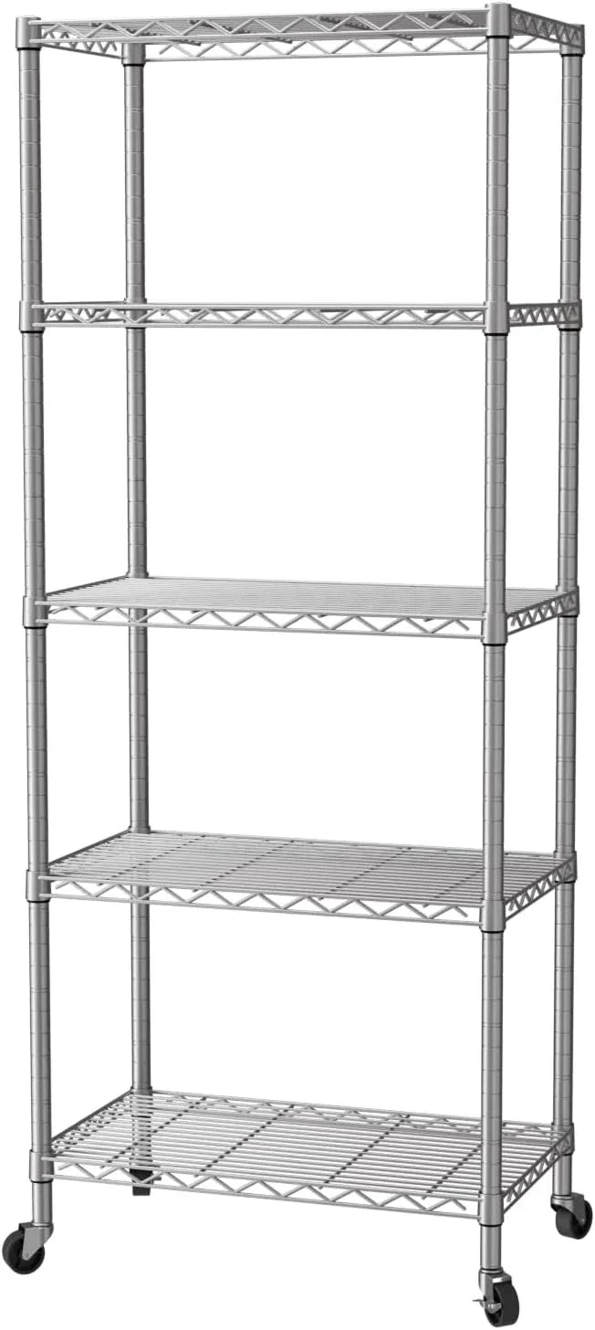 SINGAYE 5 Shelves Storage Shelf Wire Closet Bathroom Organizers Metal Pantry Kitchen Garage Shelving Unit Laundry Room Organization Home Rack Net Basket White with Wheels - ModernBath