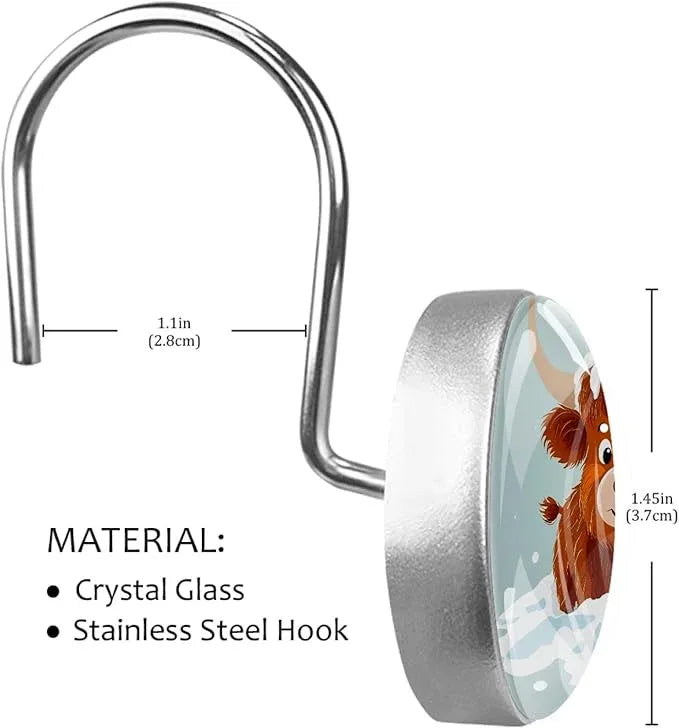 Cartoon Snow Highland Calf Shower Curtain Hooks Rings, Stainless Steel Rust Proof Shower Curtain Hooks, Decorative Shower Hooks for Bathroom Shower Rods Curtains, Set of 12 - ModernBath