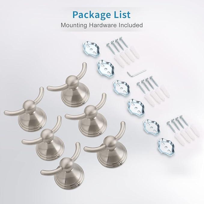 FILTA Bathroom Towel Hooks, Brushed Nickel Robe & Towel Hooks for Wall Mounted, Traditional Towel and Robe Hooks for Hanging Towels, Bath Towel Holder for Shower (6 Pack) - ModernBath