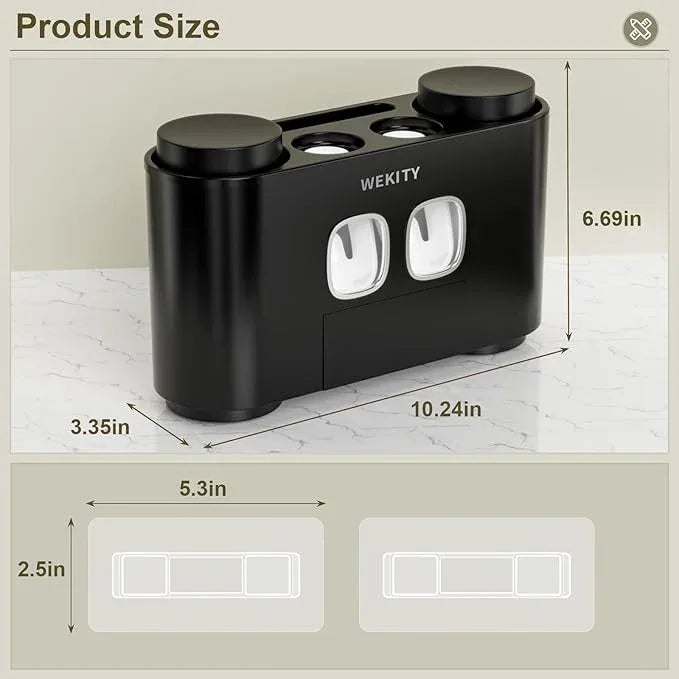 Toothbrush Holder Multi-Function Wall-Mounted, Automatic Toothpaste Dispenser & Dust-Proof Toothbrush Holder with 5 Brush Slots 4 Cups 2 Automatic Toothpaste Dispensers 1 Storage Slot (Black) - ModernBath